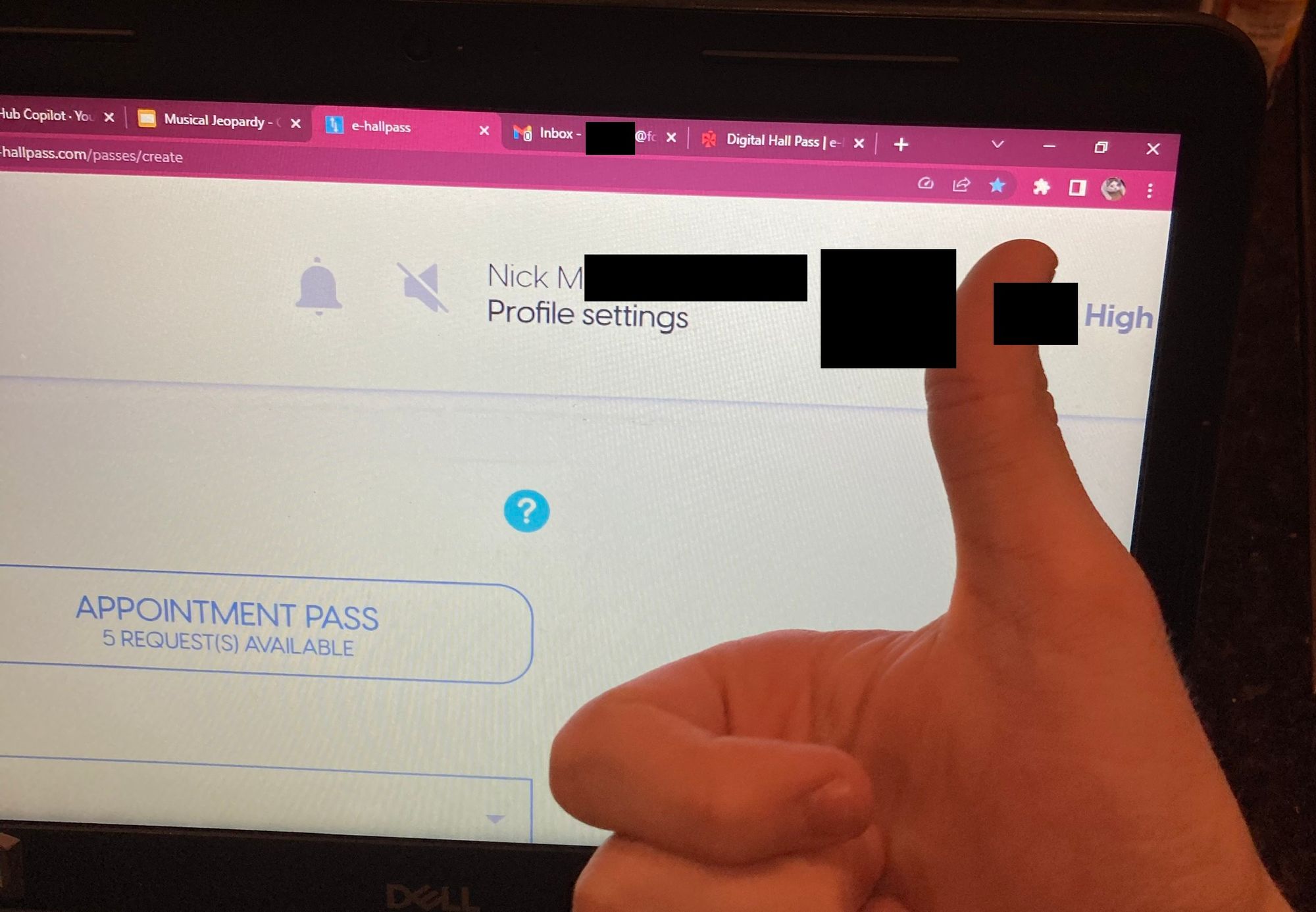 The top right corner of my computer screen, displaying a user named "Nick M." as the logged-in user on e-hallpass.