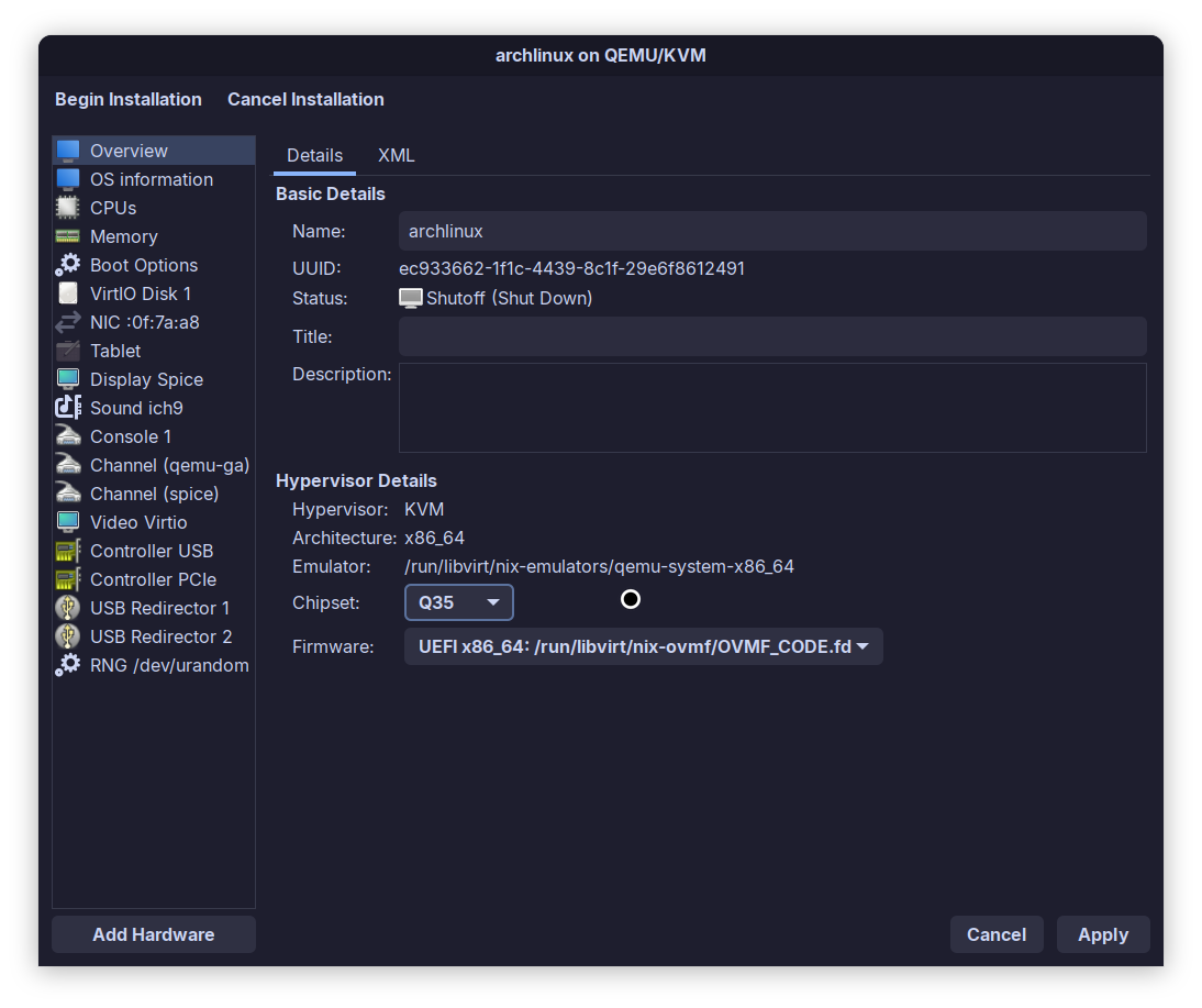 Viewing the newly created VM in my software, now with UEFI firmware