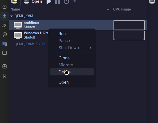 Deleting the virtual machine labeled archlinux in my VM software