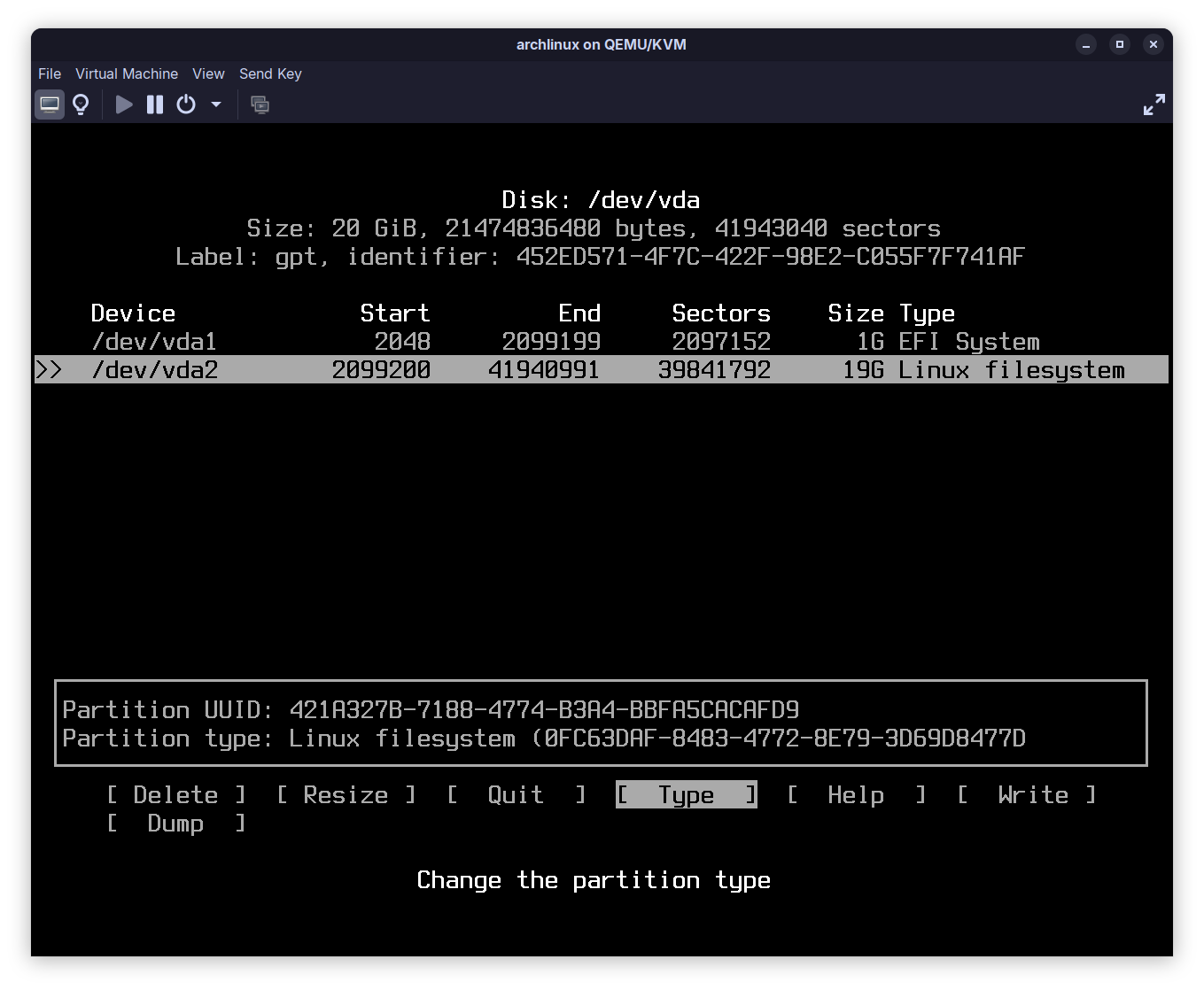 adding two partitions to my drive in cfdisk, one of which is a 1GB EFI System partition and the other a 20GB Linux filesystem