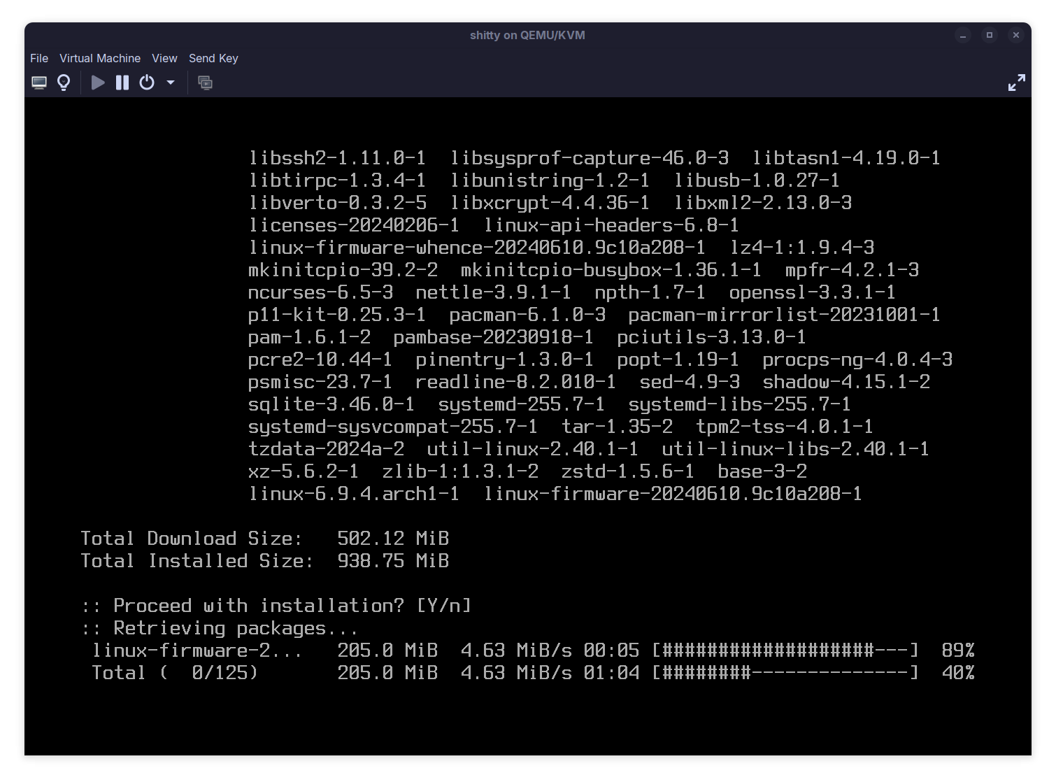 Installing a boatload of packages using pacstrap, about 900MiB worth, including systemd and the like.