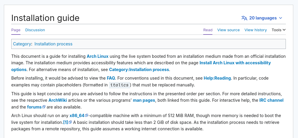 Screenshot of the title and first paragraphs of the installation guide on the Arch Wiki