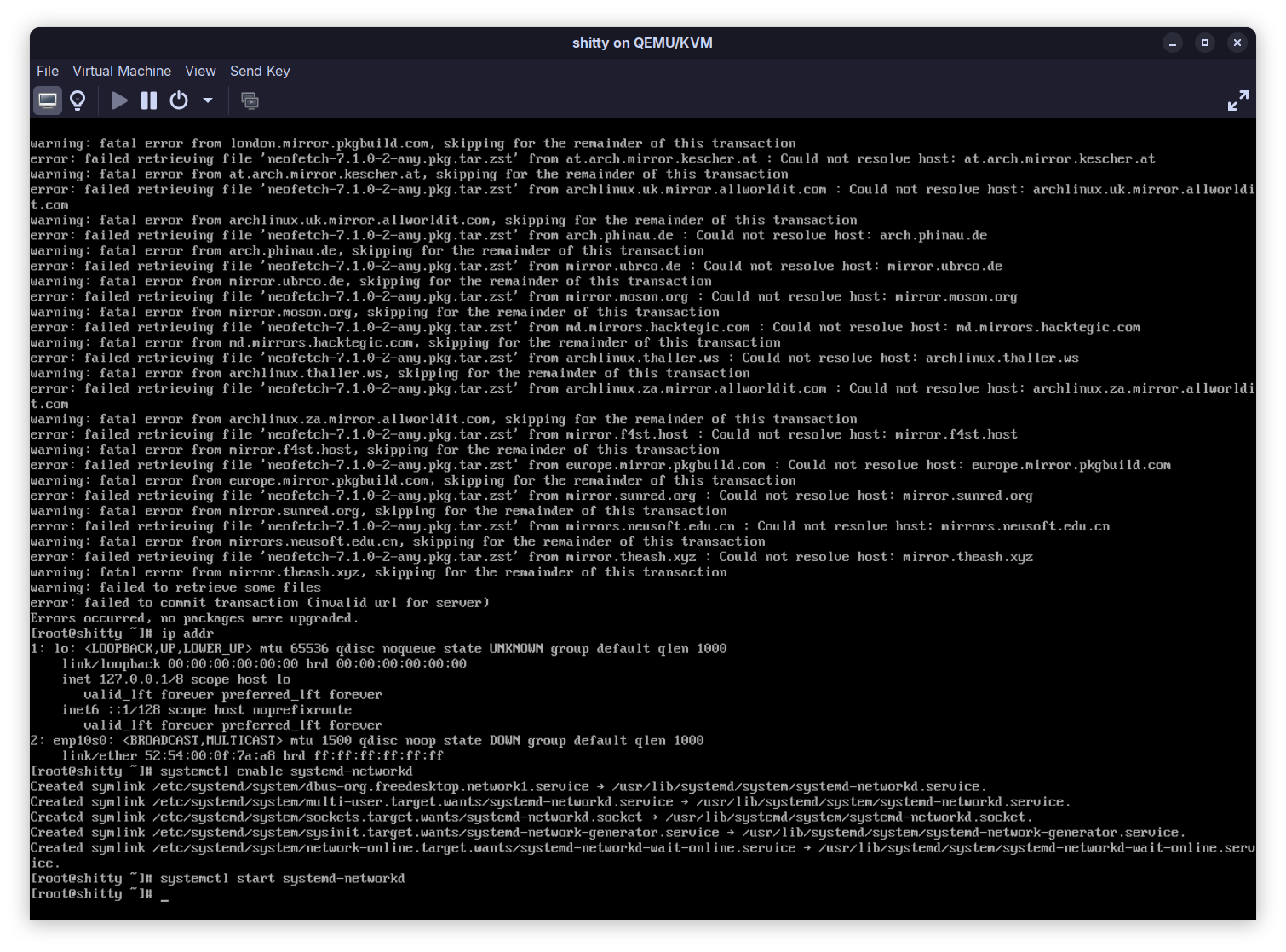 pacman failing to connect to the internet, me trying to start "systemd-networkd"