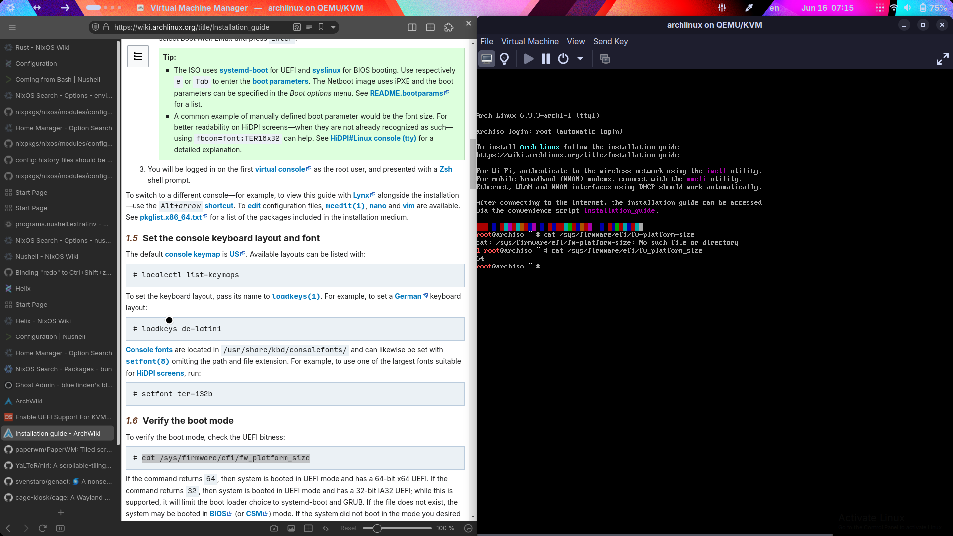 Screenshot of my GNOME desktop with a browser on the left and the VM console on the right