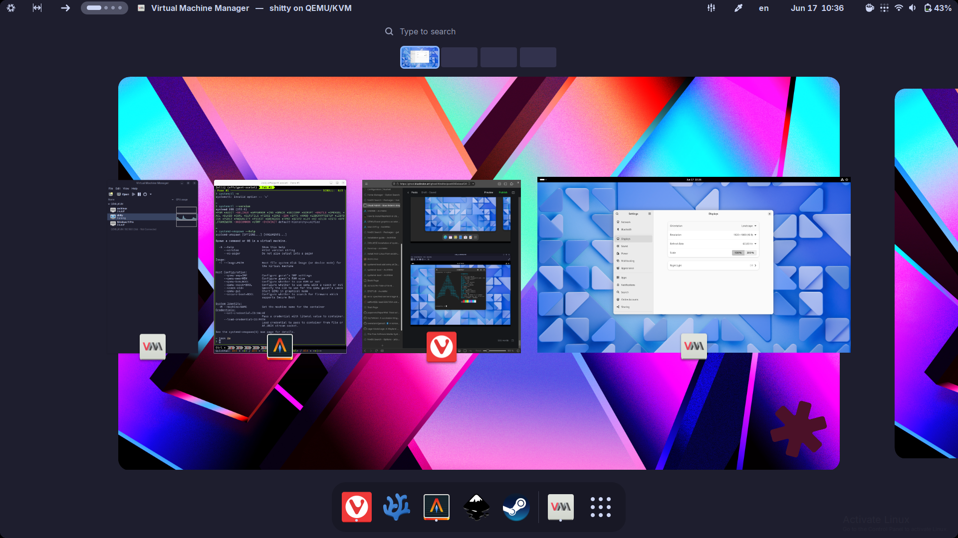 my laptop running GNOME, with the VM running GNOME as a window in the overview view