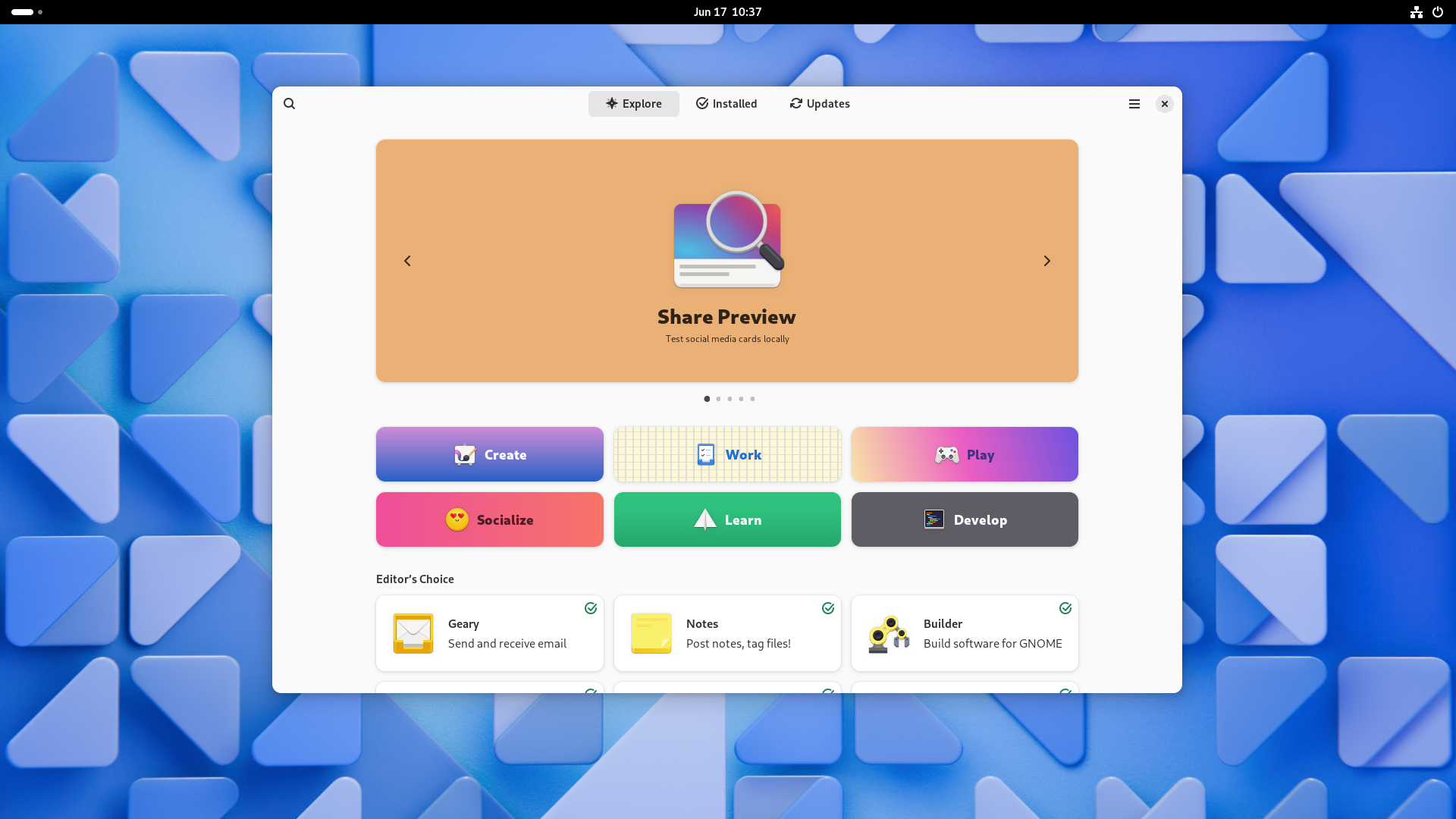 the GNOME app center showing previews of installable apps