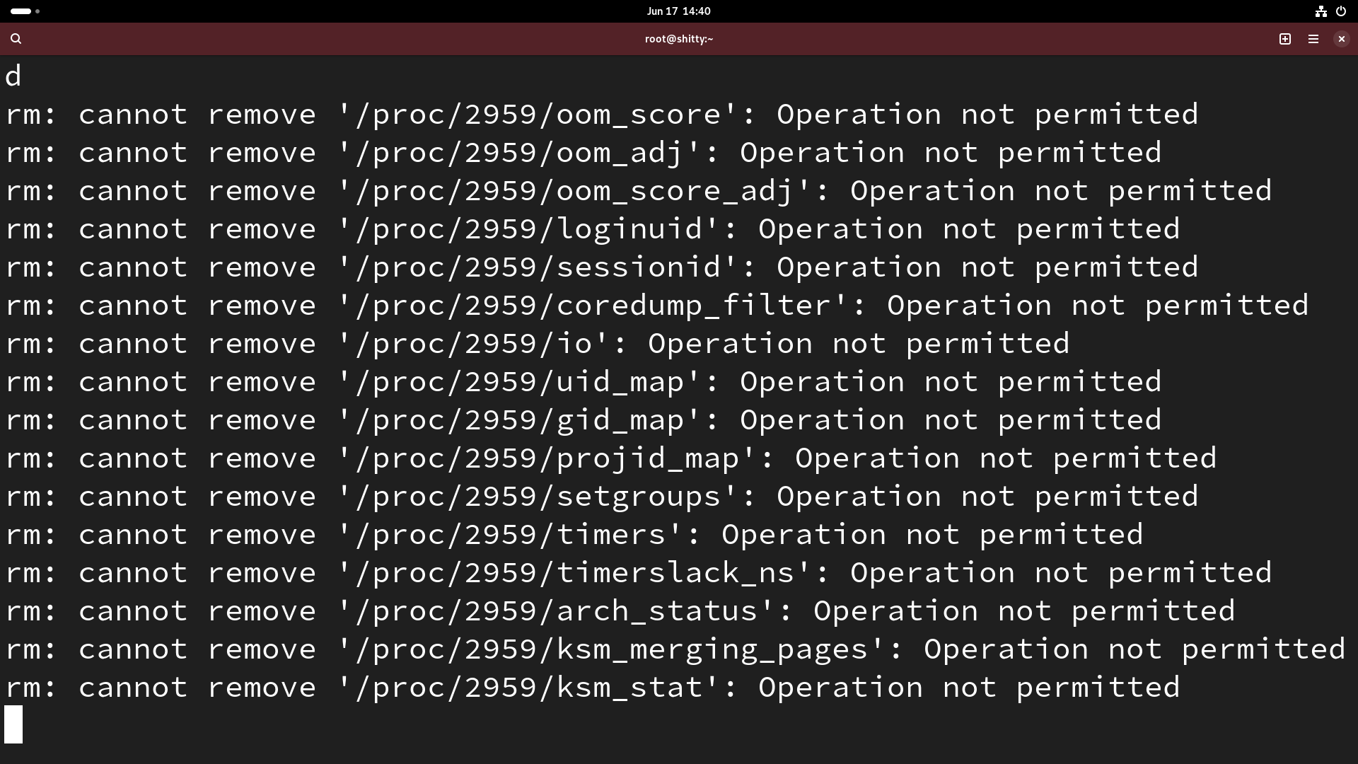 a dozen messages stating that rm couldn't remove some things in the /proc directory