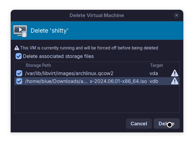 my cursor hovering over the confirm delete VM and associated storage files button