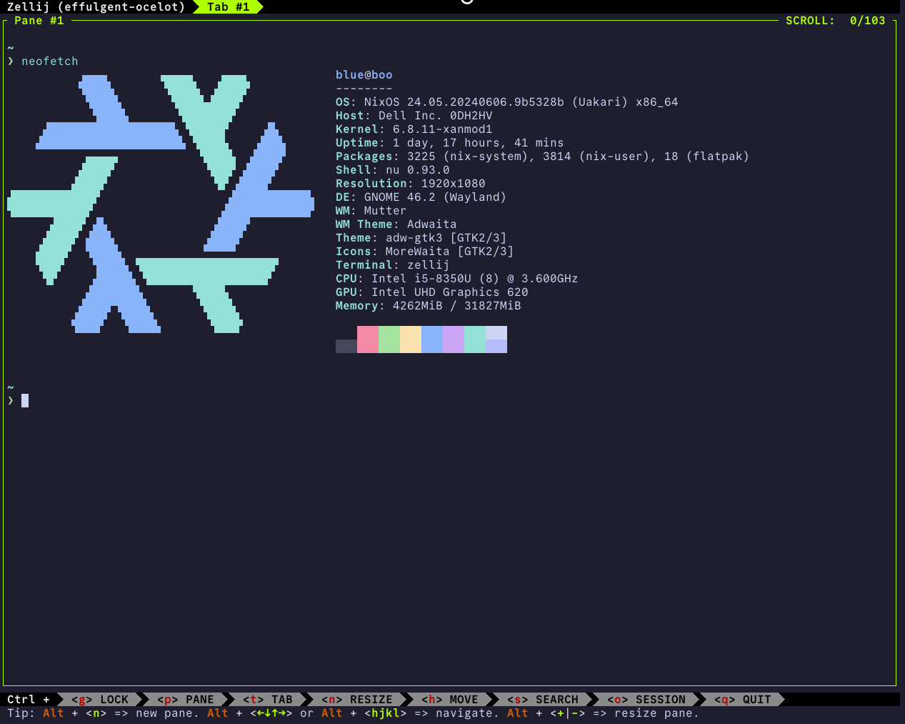 me running Neofetch on my NixOS laptop, with a big snowflake logo, and identity blue@boo