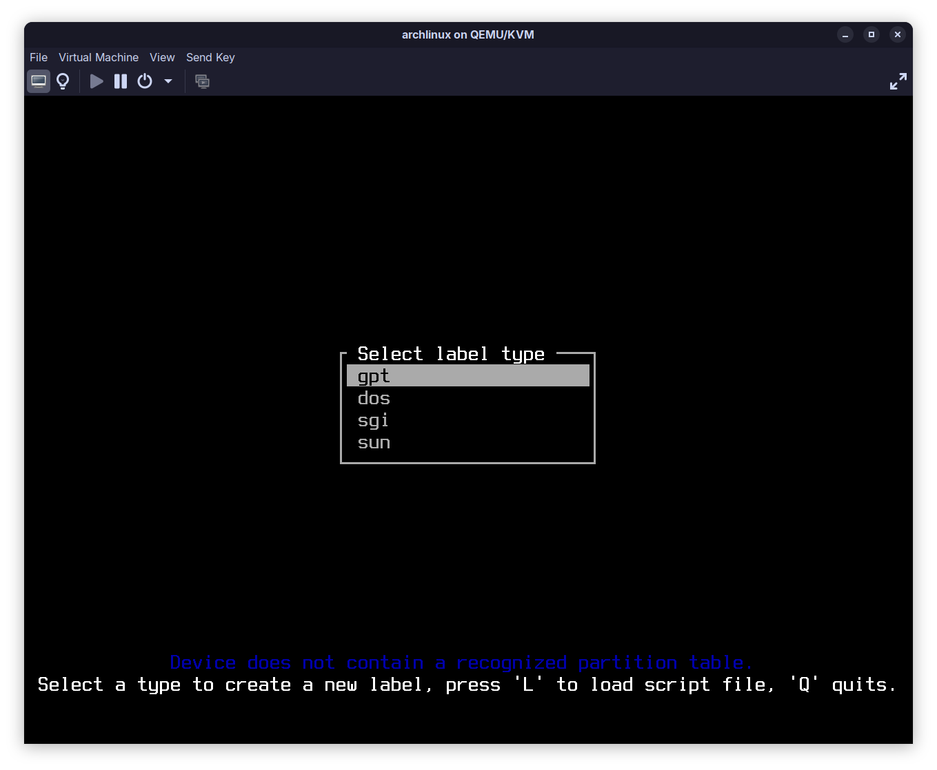 setting the partition table type to GPT for my system drive in cfdisk