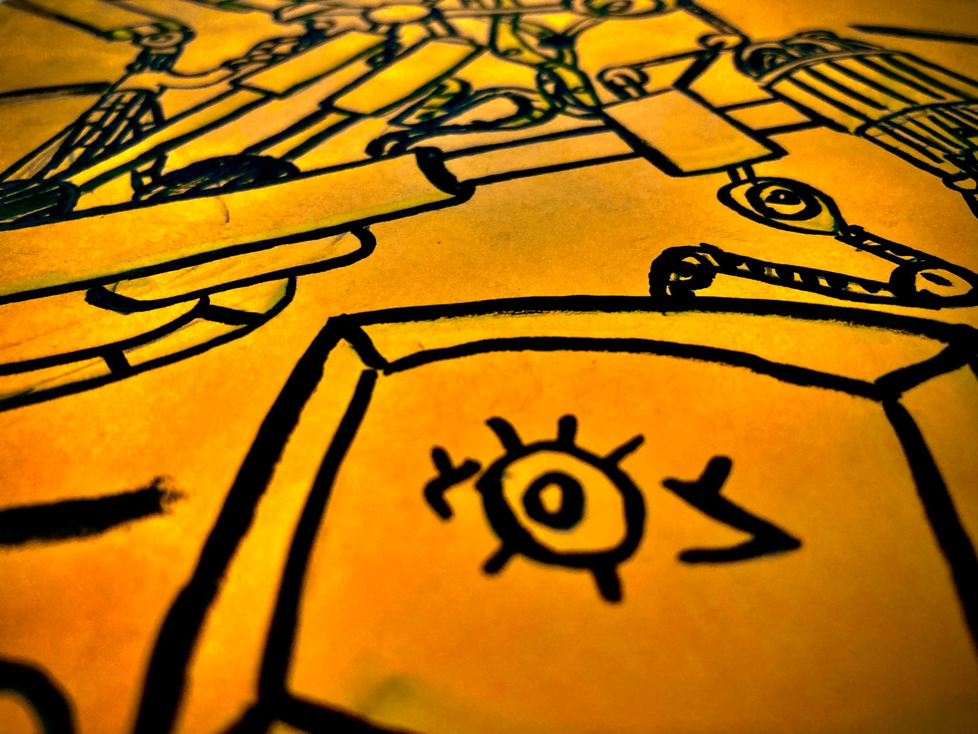 Line drawing in thick marker on orange paper of a TV with an eye in the middle mounted on a robotic arm