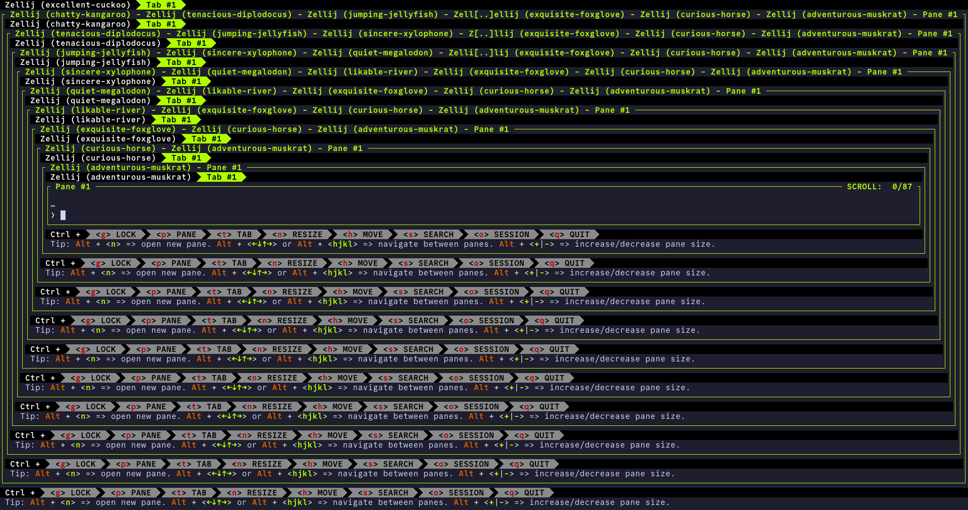 About ten nested Zellij instances in a terminal