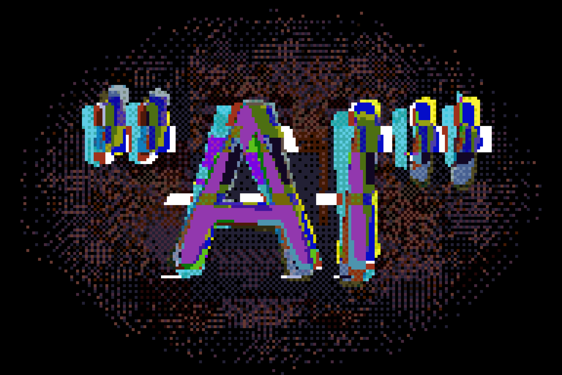 Messy, rust-like background, with "AI" in quotes on top of it.